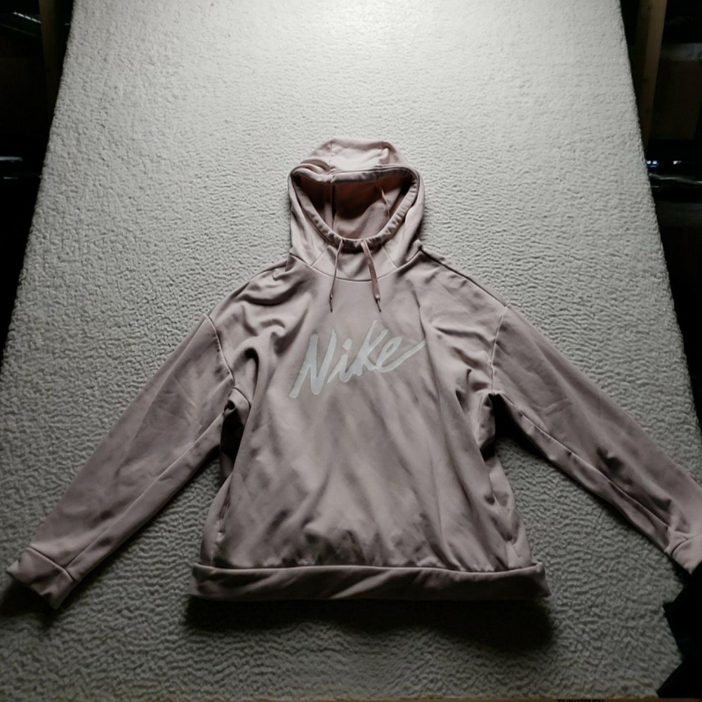 Nike Hoodie Womens Large Pink Fleece Pullover Raglan Sleeve Logo Pocket Gym